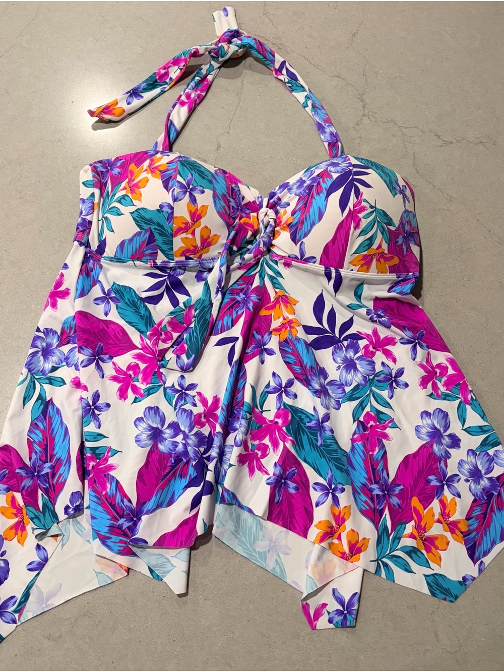 Swimsuits For All Floral Halter Tankini Top in White with Pink & Purple Print 24